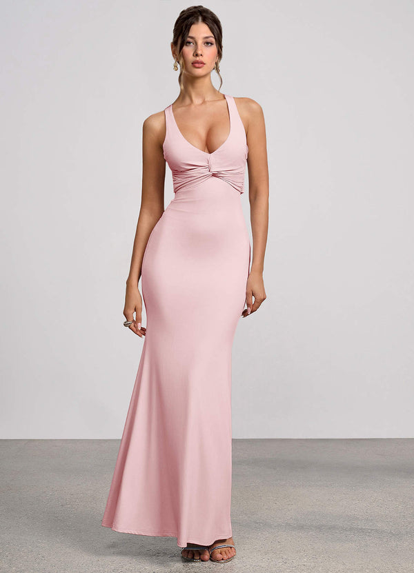 Zinnia Mermaid V-Neck Matte Knit Evening Dress in Powder Pink