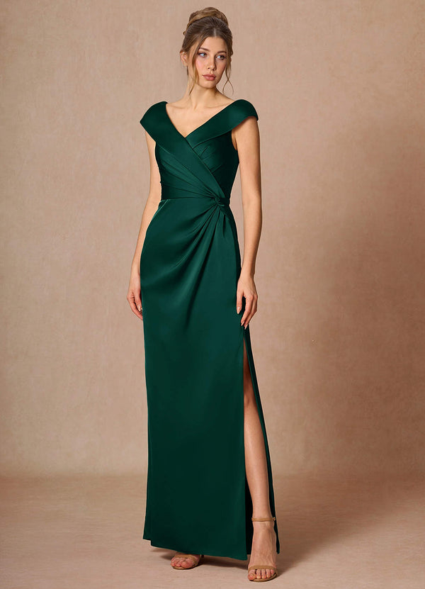 Thessaly V-Neck Ruched Slit Stretch Satin Evening Dress in Hunter Green