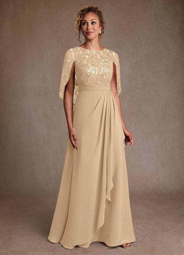 Beckley A-Line Boat-Neck Chiffon and Lace Mother of the Bride Dress in champagne