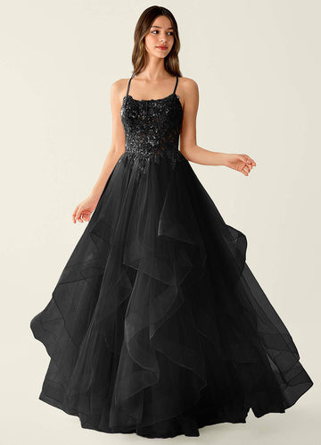 Mosaic A-Line V-Neck Tulle Evening Dress in black
