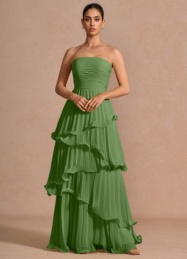 Hartley A-Line Strapless Chiffon Wedding Guest Dress in Herb Green