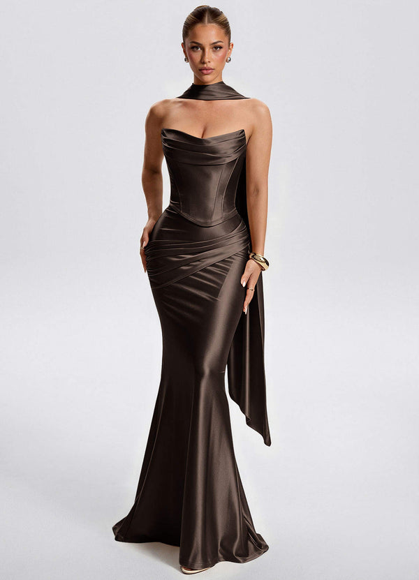 Fernley Mermaid Corset Stretch Satin Evening Dress in Ganache