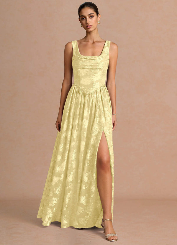 Novi A-Line Draped-Neck Floral Fil Coupé Evening Dress in Lemon Sorbet