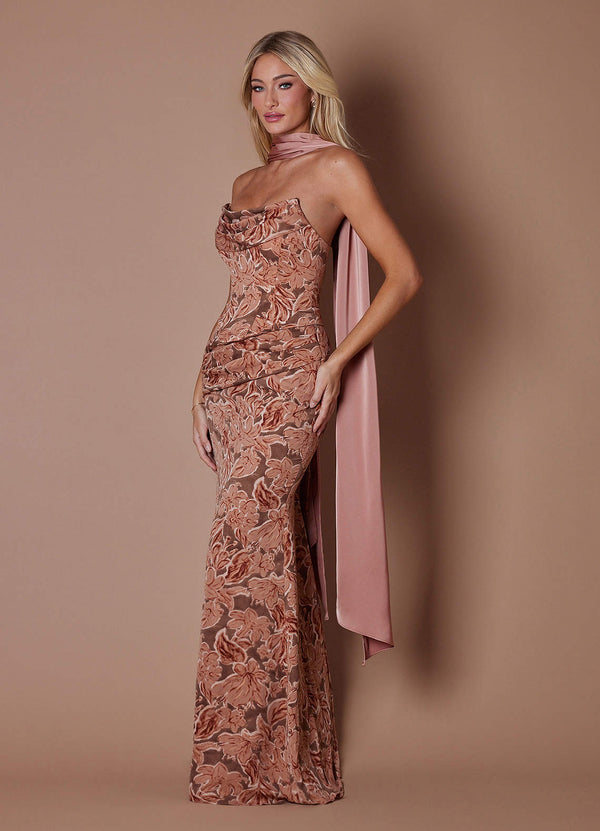 Carlie Sheath Strapless Georgette Wedding Guest Dress in Bronze Petal