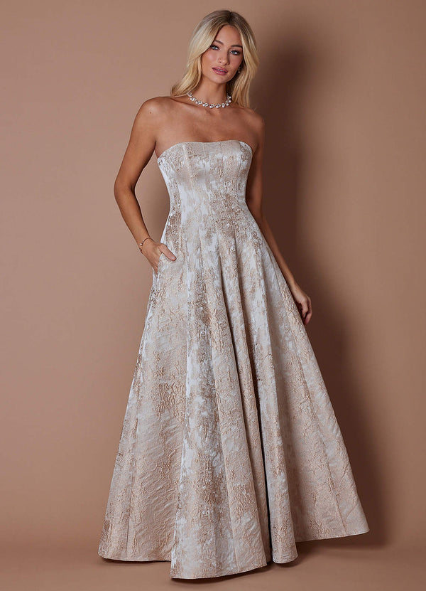 Lory A-Line Strapless Brocade Evening Dress in Gold Taupe
