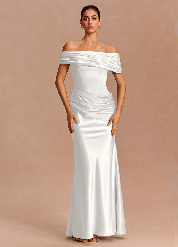 Leonie Strapless Draped-Shoulder Satin Evening Dress in White