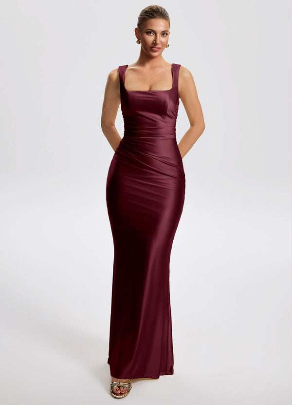 Corintha Sheath Square-Neck Stretch Satin Evening Dress in Cabernet
