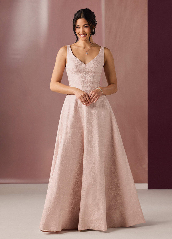 Satine Ball Gown V-Neck Jacquard Evening Dress in Blush Pink