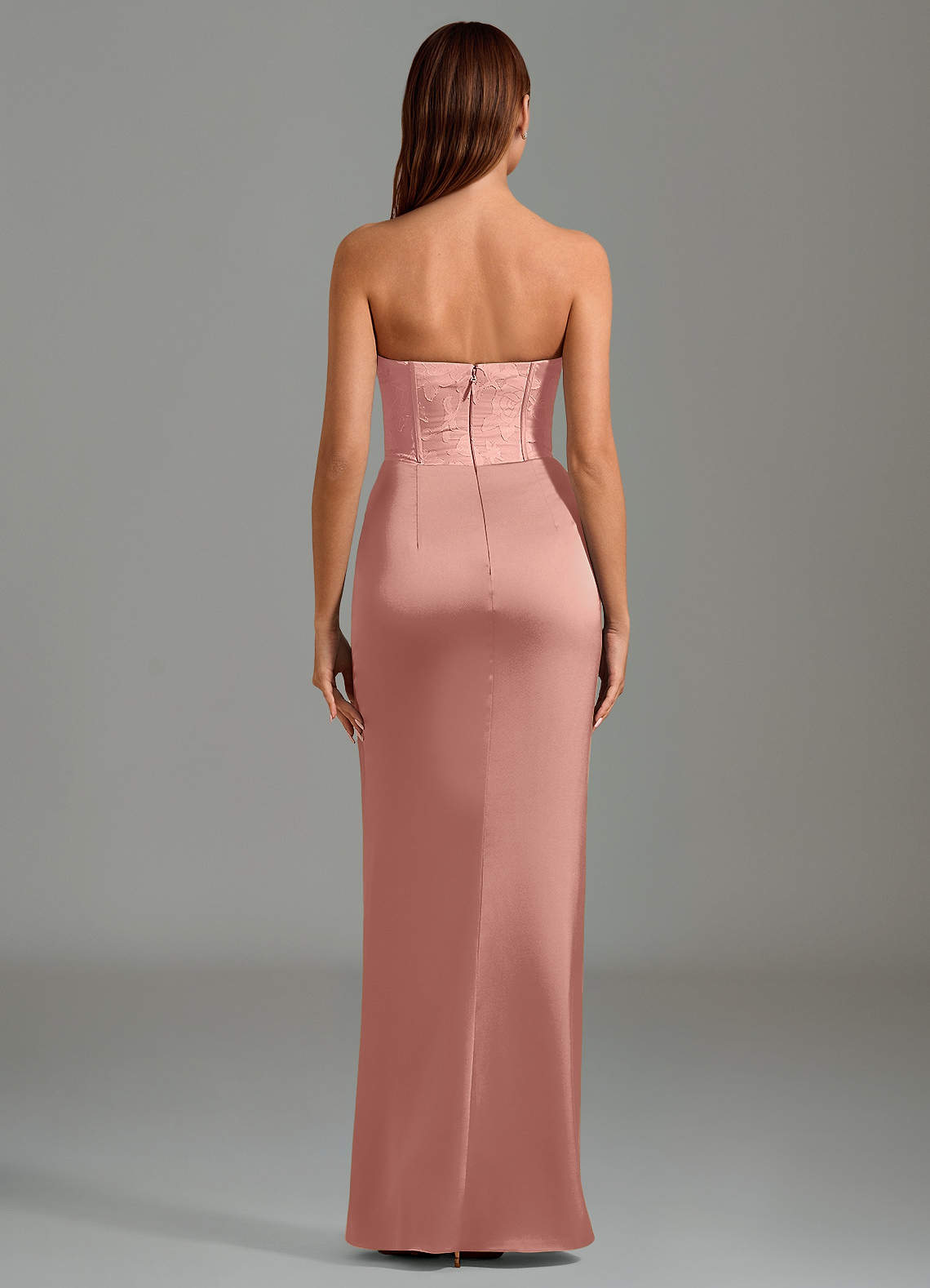 Emilia Mermaid Strapless Stretch Satin and Floral Burnout Bridesmaid Dress in Rosette