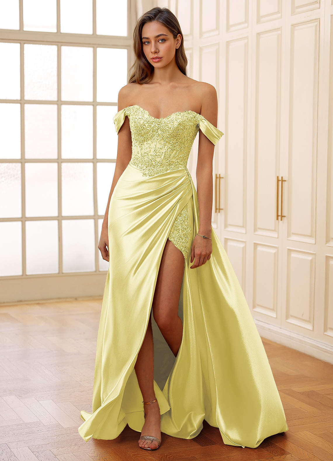 Rowane A-Line Off-the-Shoulder Satin Evening Dress in Yellow