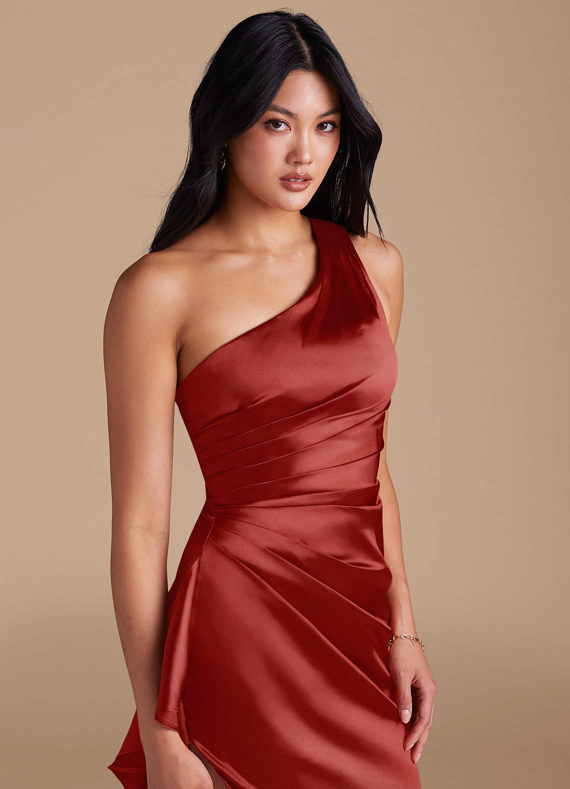 Latrice Sheath One-Shoulder Metallic Satin Bridesmaid Dress in Rust