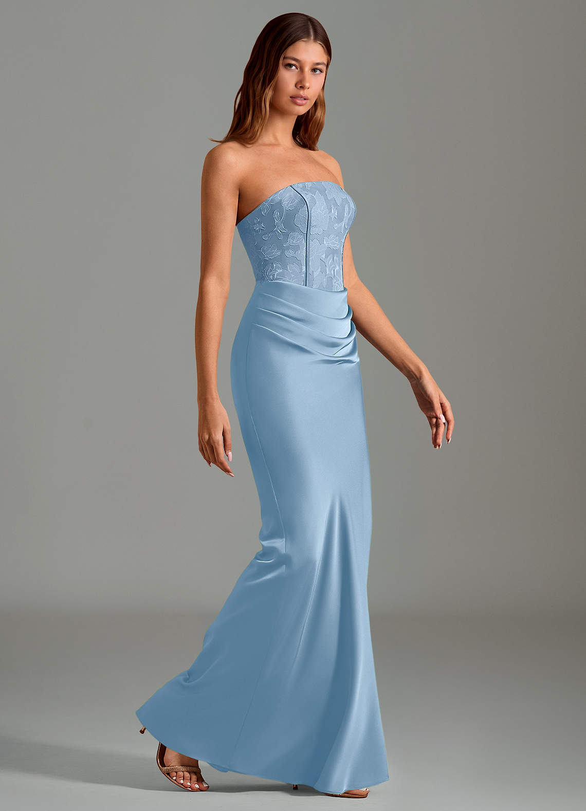 Emilia Mermaid Strapless Stretch Satin and Floral Burnout Bridesmaid Dress in Powder Blue