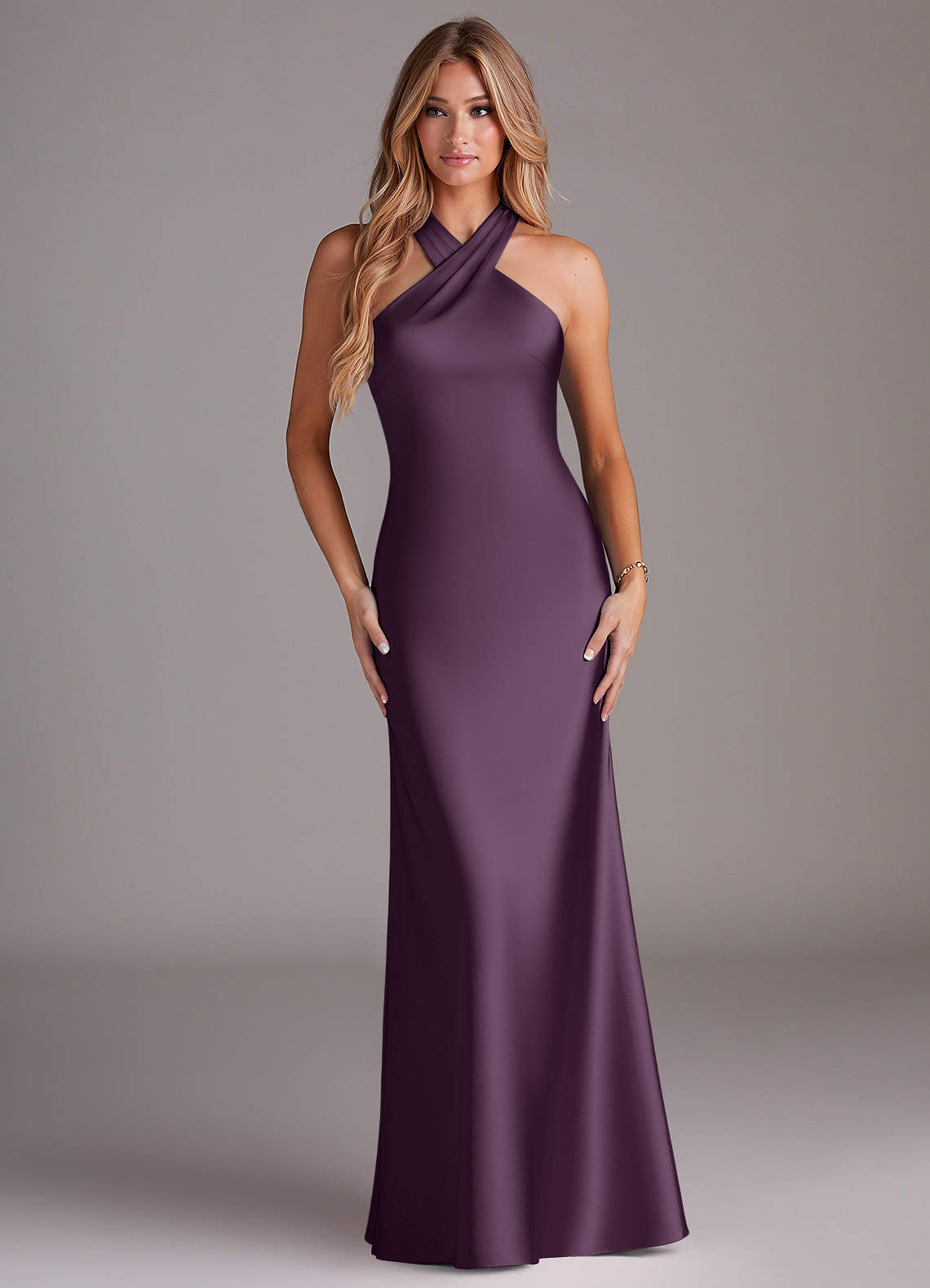 Doretta Mermaid Halter Stretch Satin Bridesmaid Dress in Plum