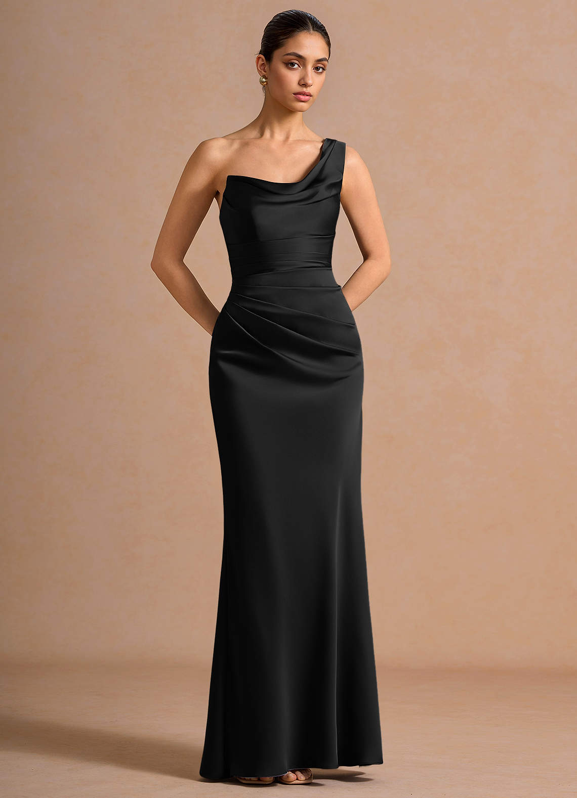 Cassiopeia One-Shoulder Draped Stretch Satin Evening Dress in Lemon Green