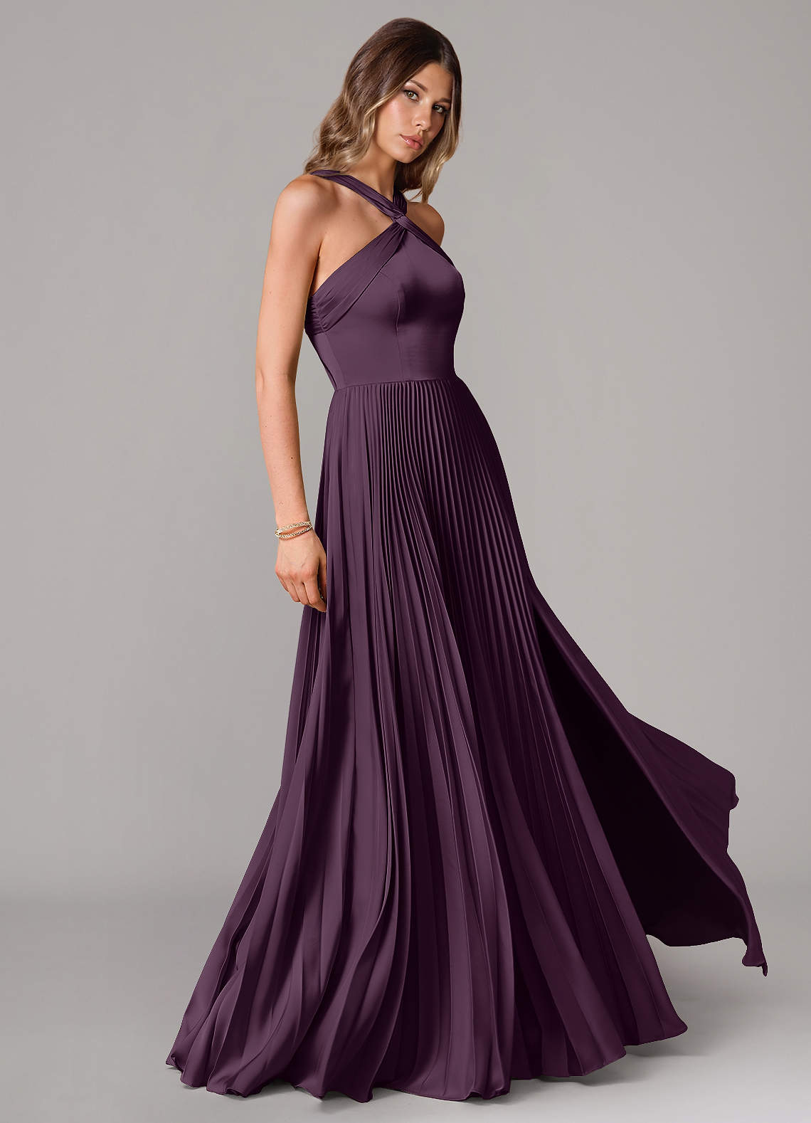 Afra A-Line Halter-Neck Stretch Satin Bridesmaid Dress in Plum