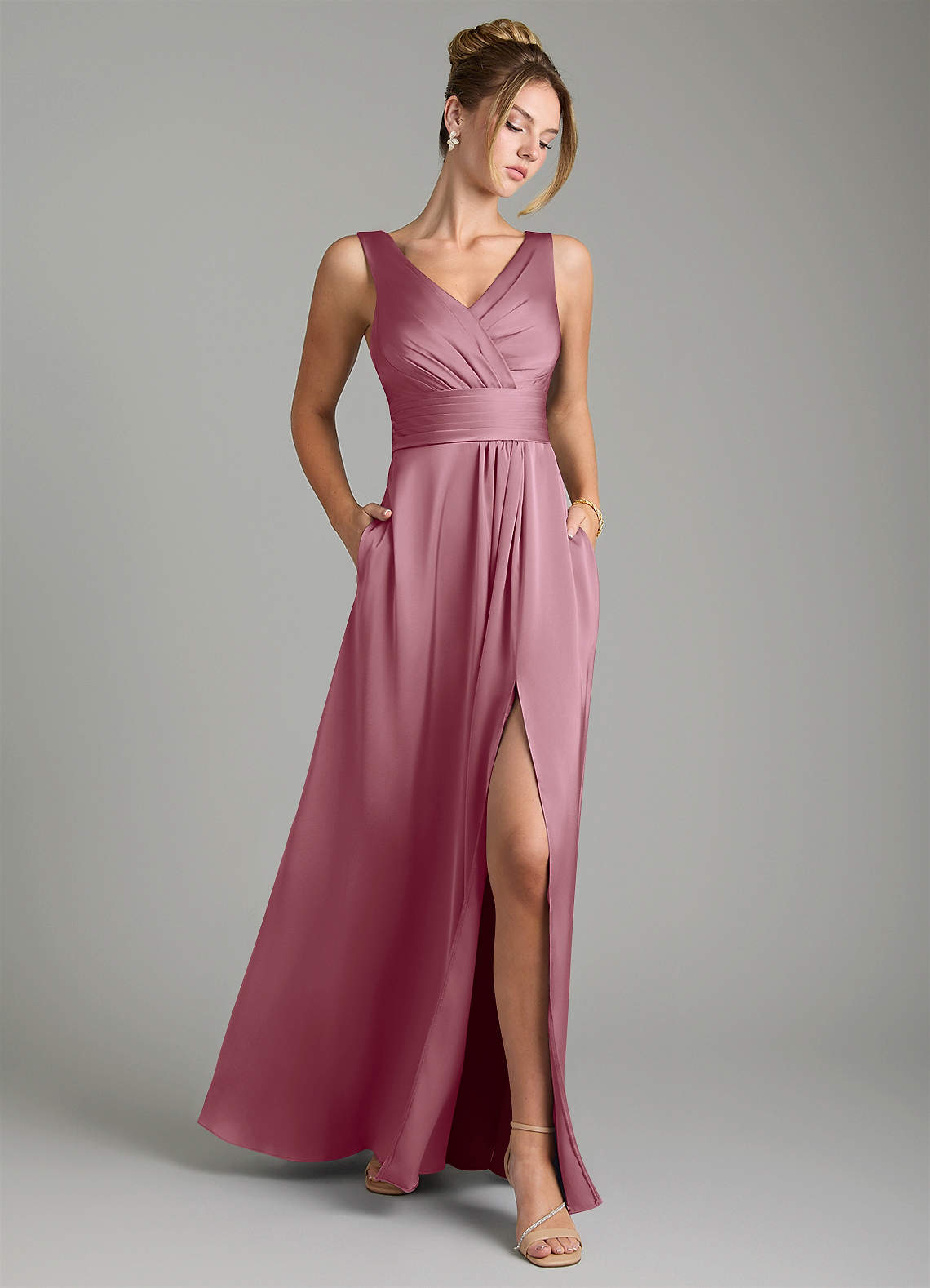 Karina A-Line V-Neck Stretch Satin Bridesmaid Dress in Vintage Mauve