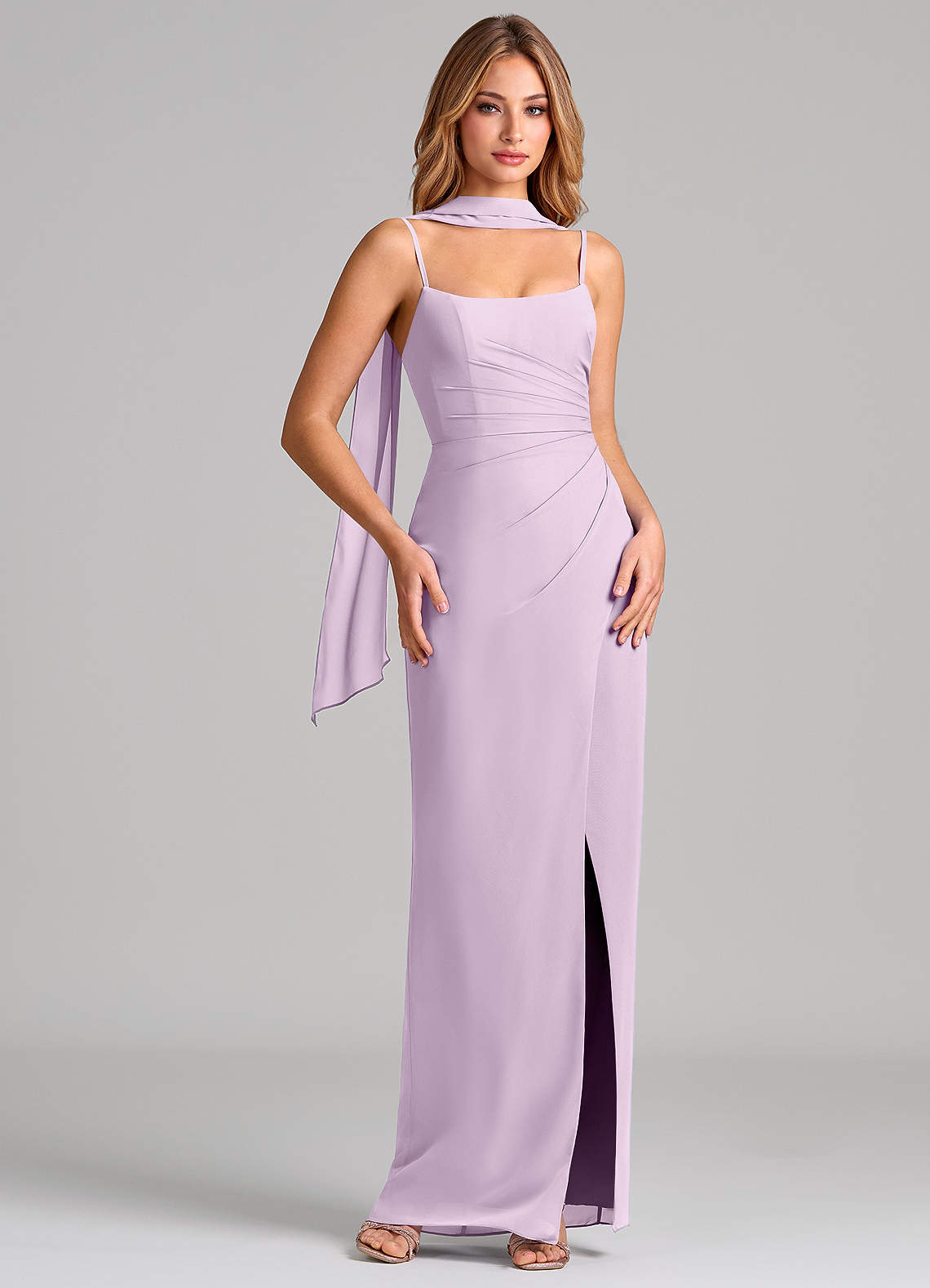 Calandra Sheath Scoop-Neck Chiffon Bridesmaid Dress in Frosted Lilac