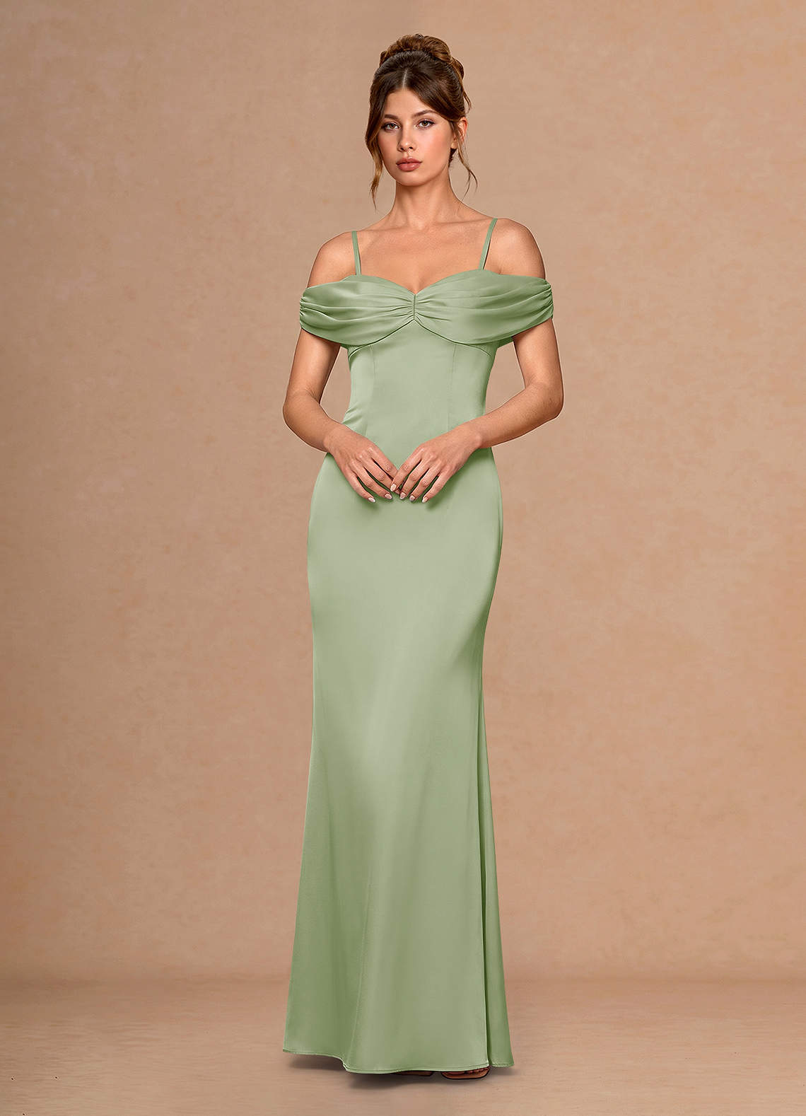 Estelle A-Line Cold-Shoulder Satin Chiffon Evening Dress in Light Green