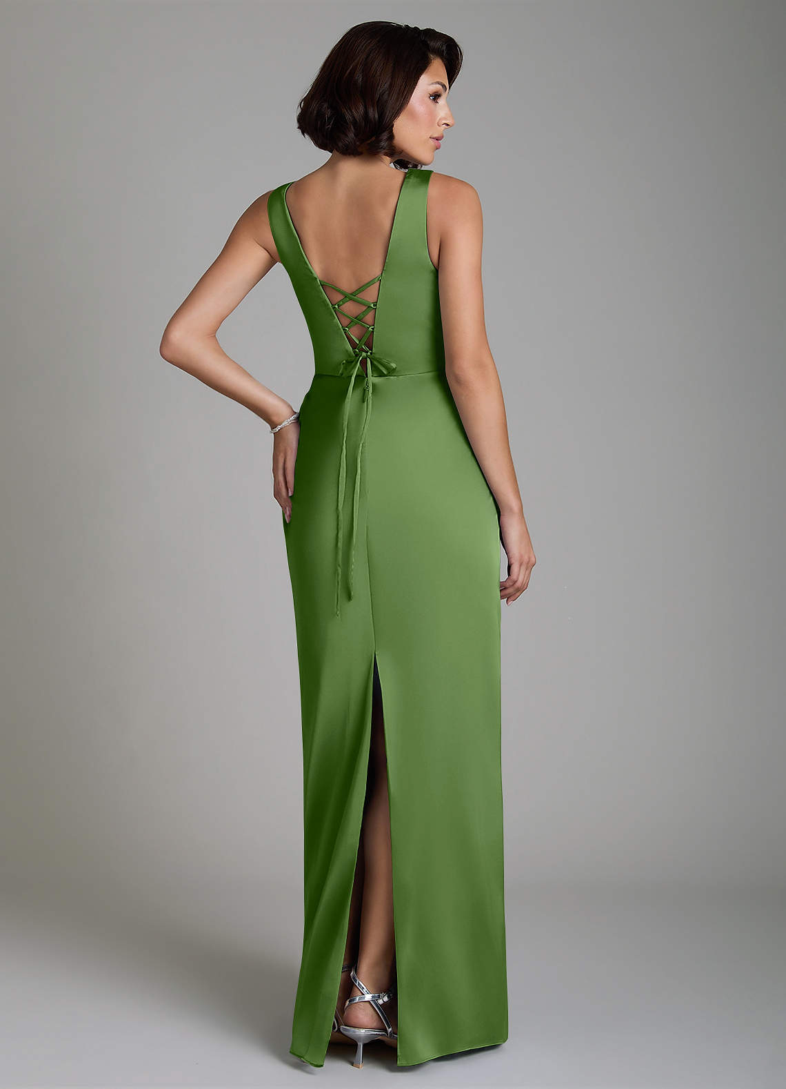 Vanya Sheath V-Neck Stretch Satin Bridesmaid Dress in Basil
