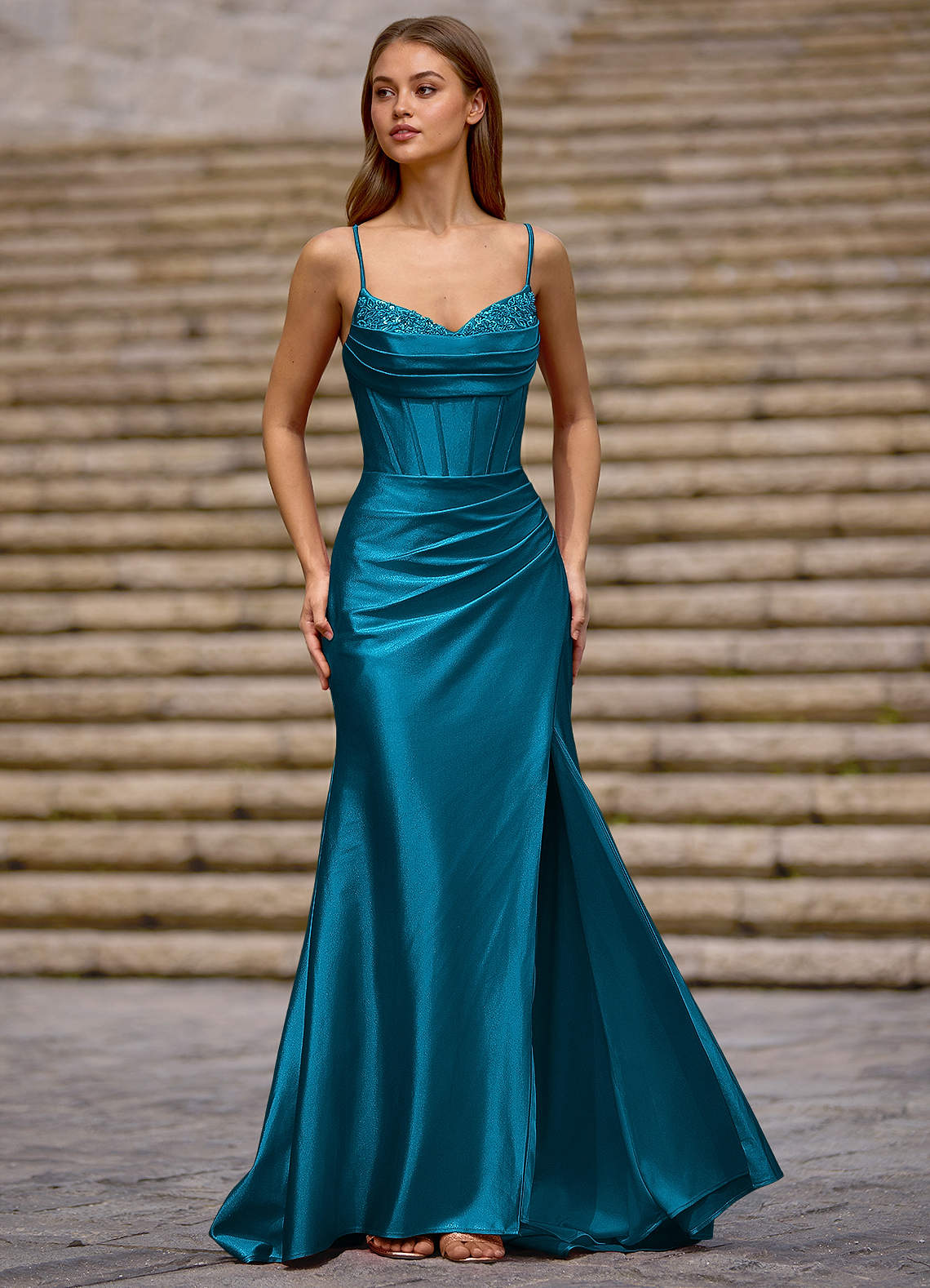 Glow Strapless Corset Slit Stretch Satin Evening Dress in black