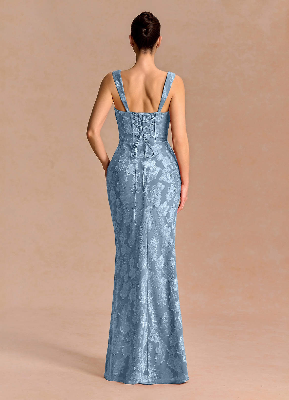 Agustina Square-Neck Pleated Fil Coupé Evening Dress in Dusty Blue
