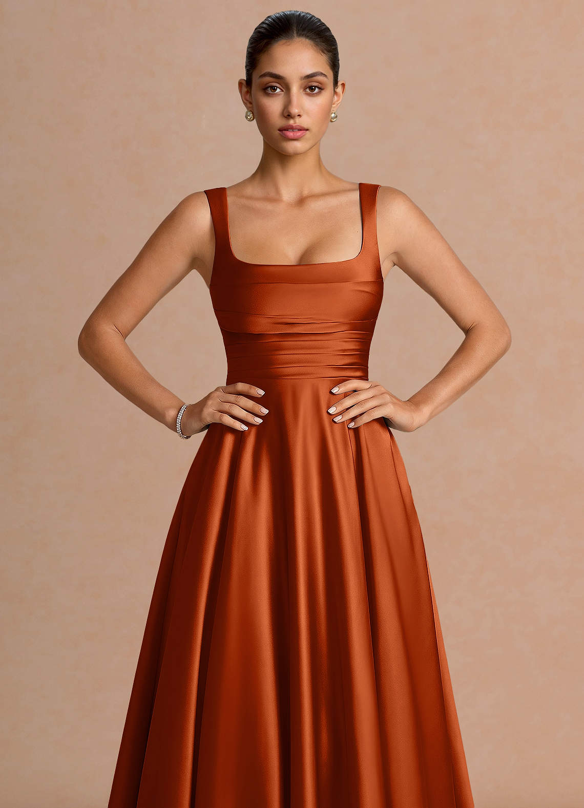Azaria A-Line Square-Neck Stretch Satin Wedding Guest Dress in Rust
