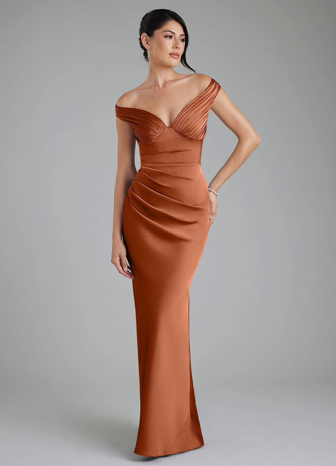Stella Sheath V-Neck Stretch Satin Bridesmaid Dress in Copper