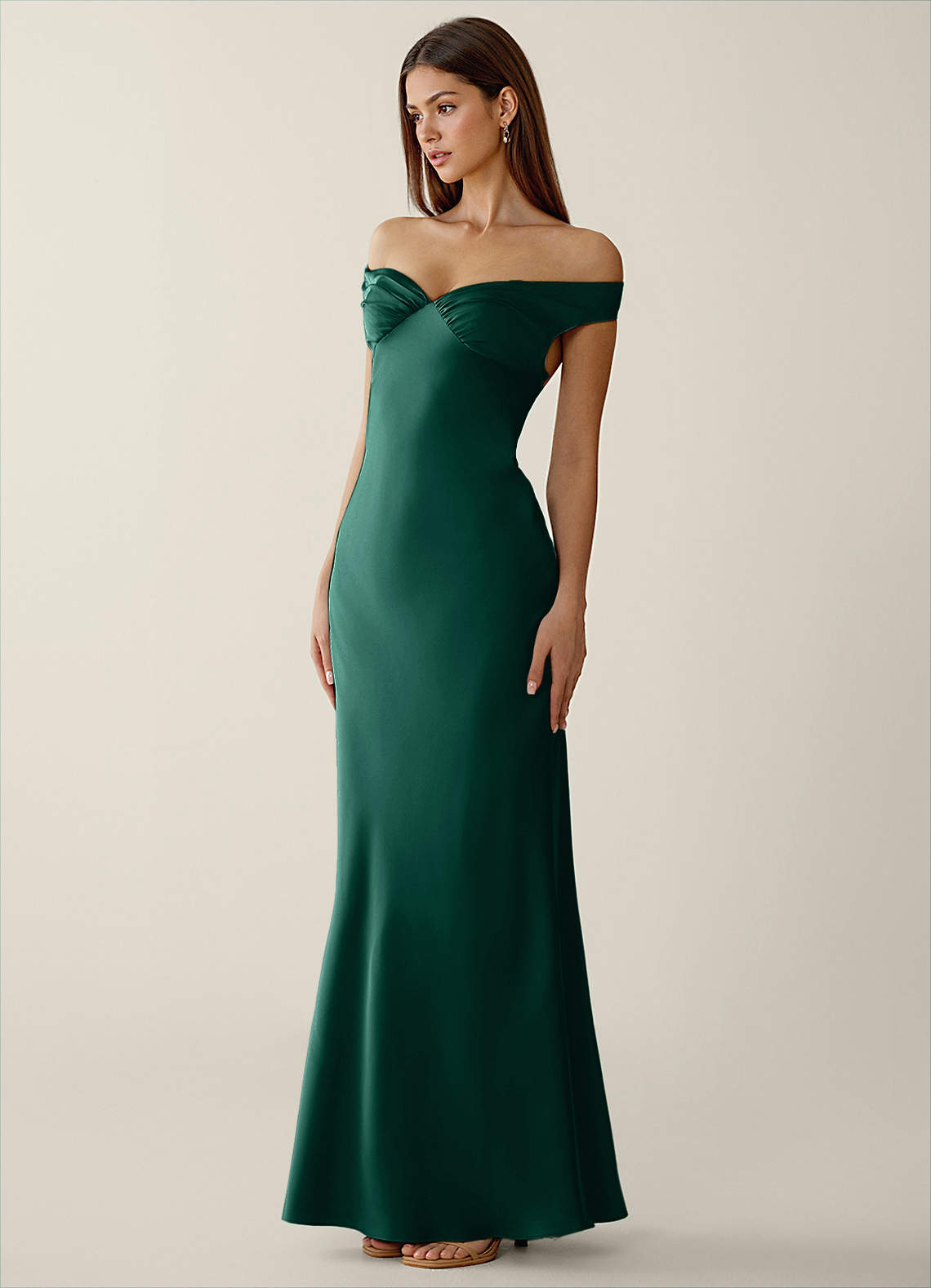 Gwendonme Sheath Off-the-Shoulder Satin Crystal Linen Evening Dress in Emerald Green