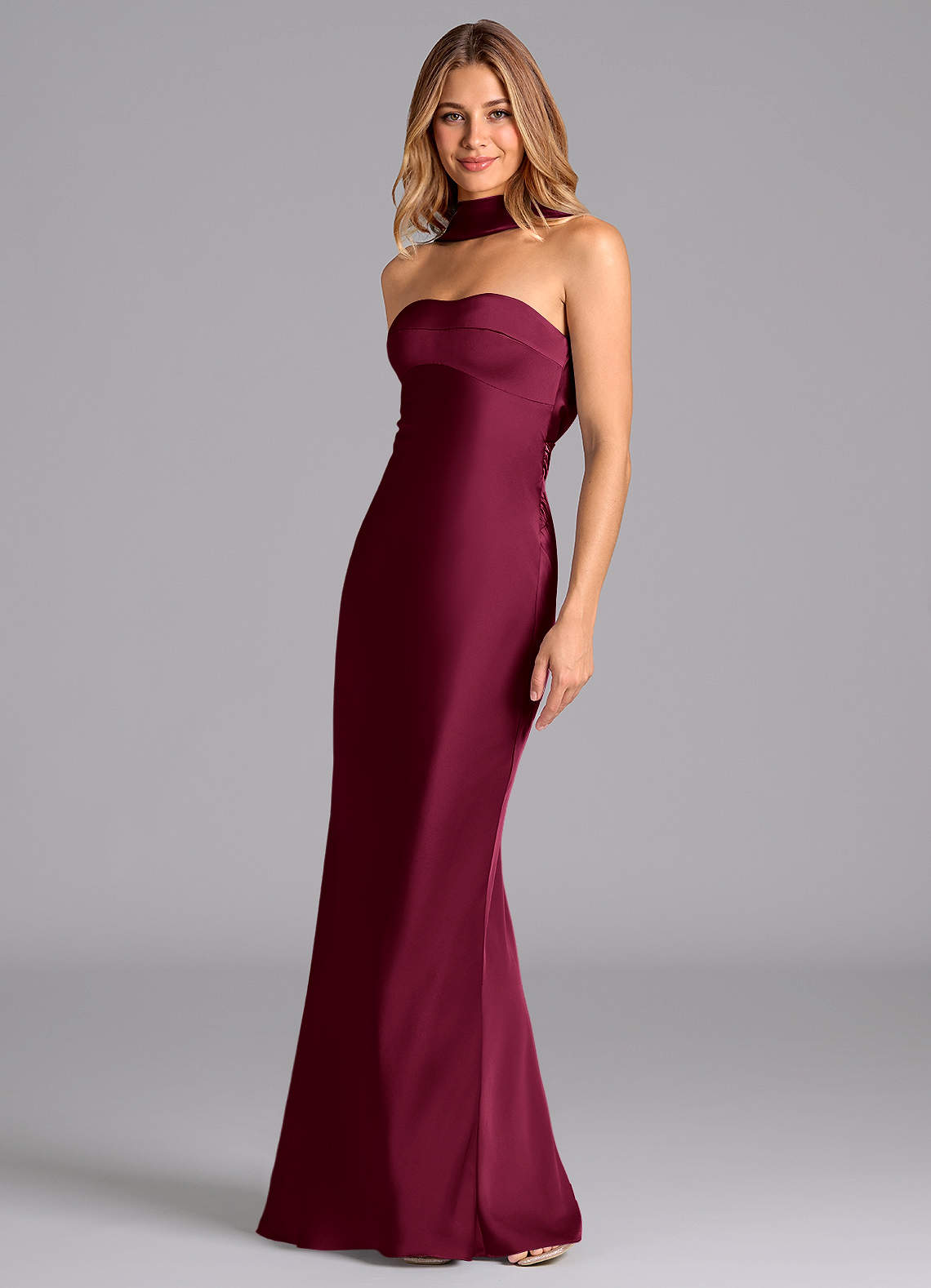 Lusinda Mermaid Strapless Stretch Satin Bridesmaid Dress in Burgundy