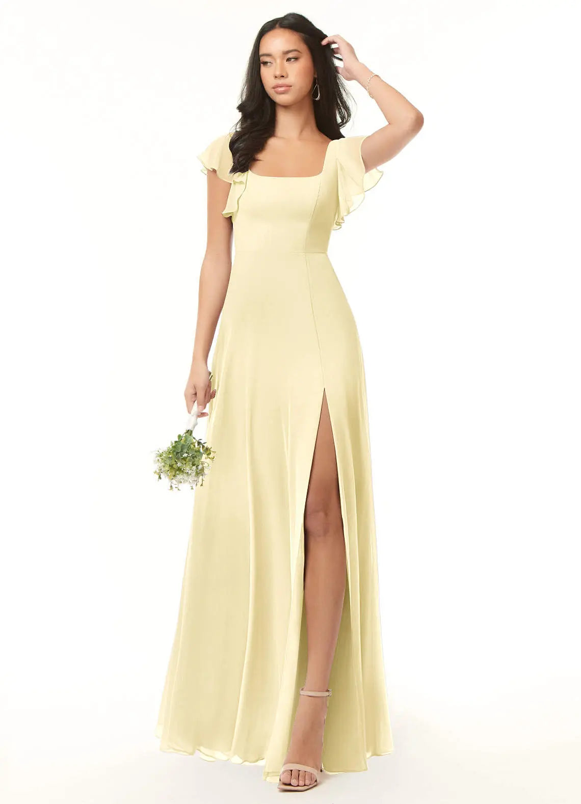 Bondi A-Line Square-Neck Chiffon Bridesmaid Dress in Lemon Sorbet