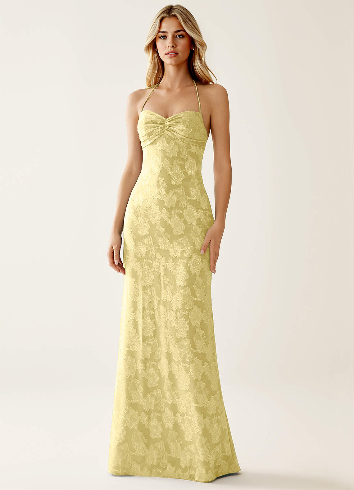 Angena Sheath Halter Floral Burnout Evening Dress in Lemon Sorbet