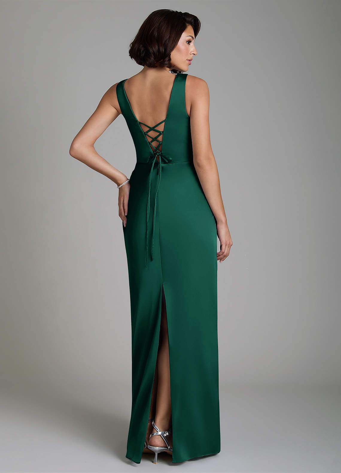 Vanya Sheath V-Neck Stretch Satin Bridesmaid Dress in Emerald