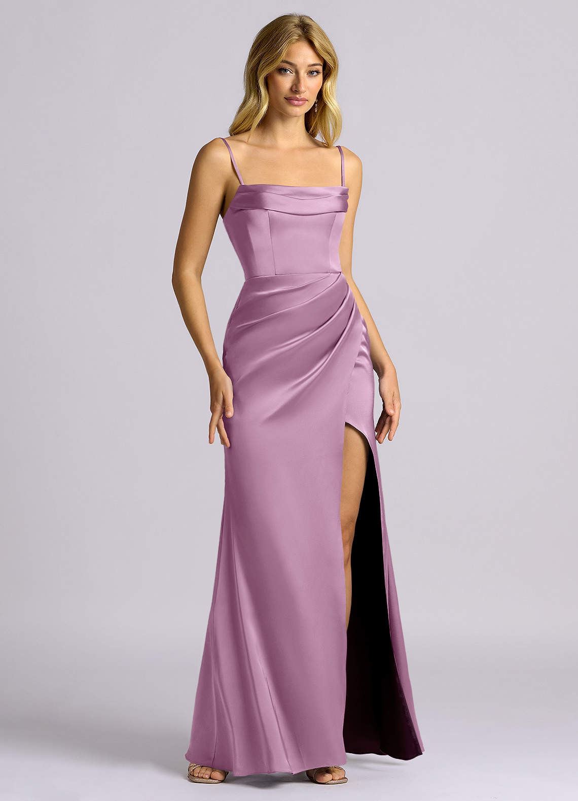 Auden Sheath Off-the-Shoulder Stretch Satin Bridesmaid Dress in Wisteria