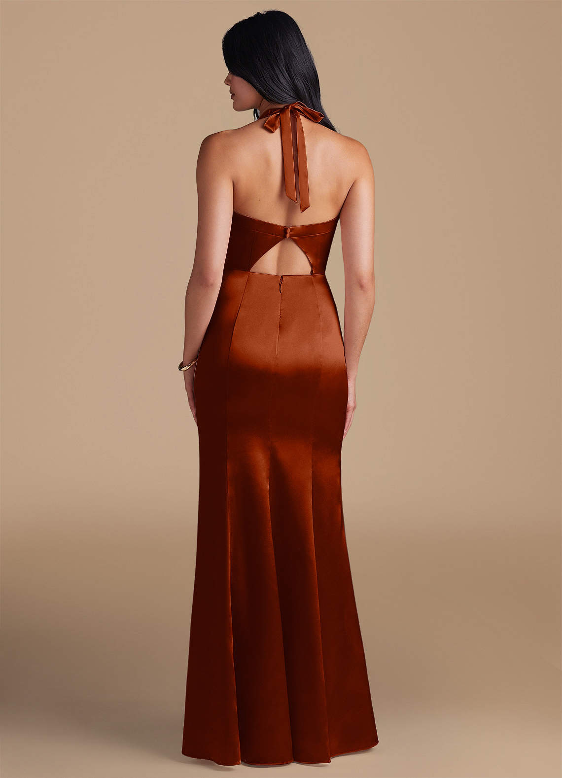 Emeria Sheath Halter Metallic Satin Bridesmaid Dress in Auburn