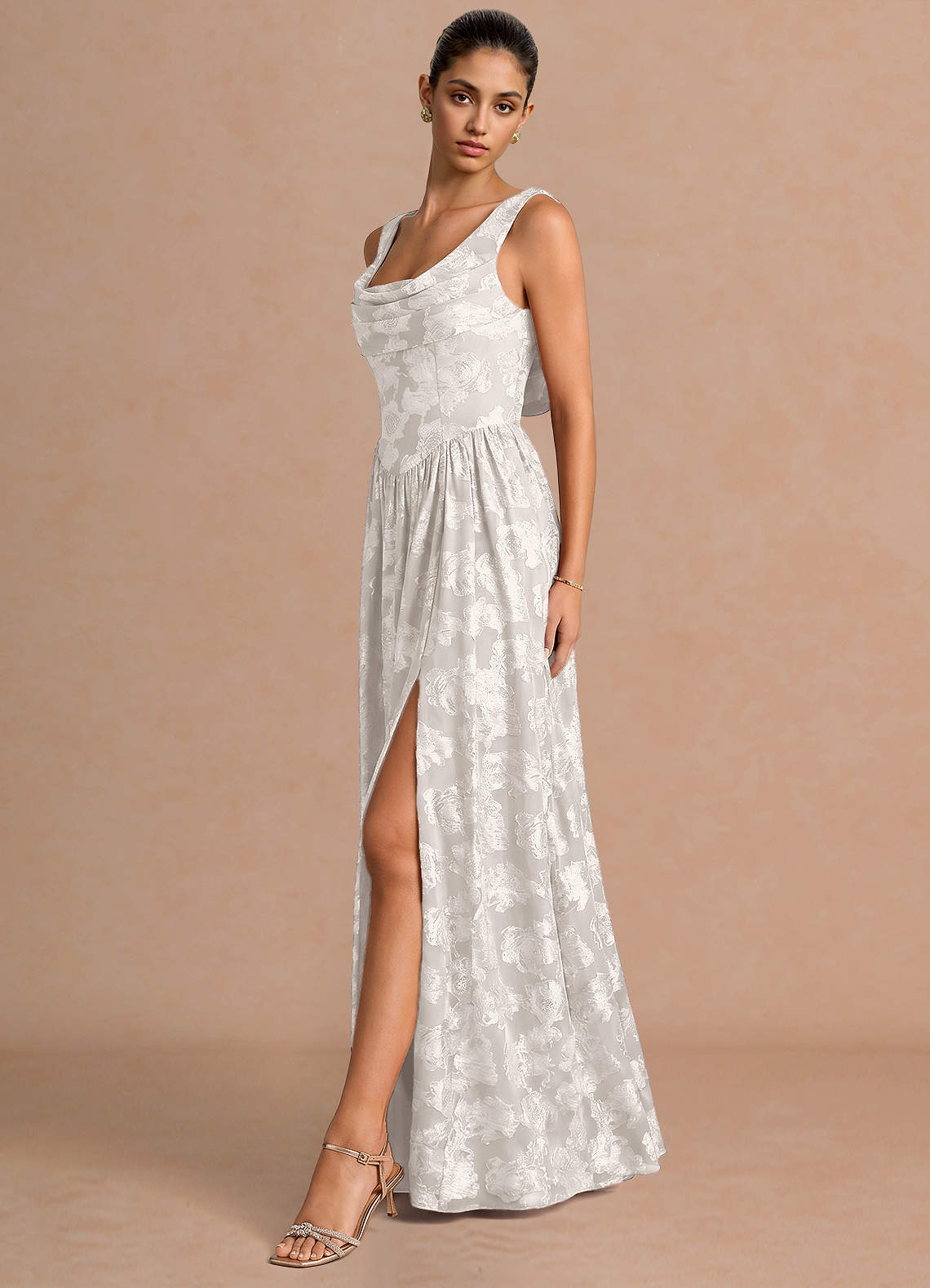 Novi A-Line Draped-Neck Floral Fil Coupé Evening Dress in White