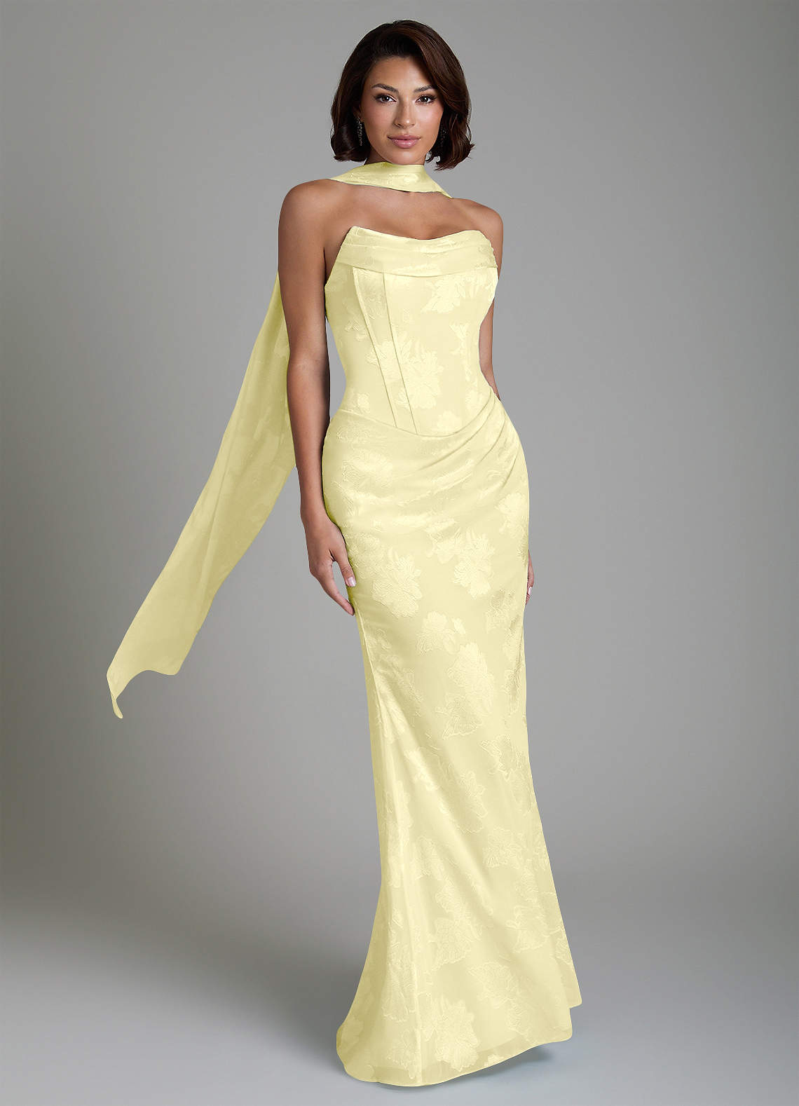 Ariah Mermaid Cowl-Neck Jacquard Bridesmaid Dress in Lemon Sorbet