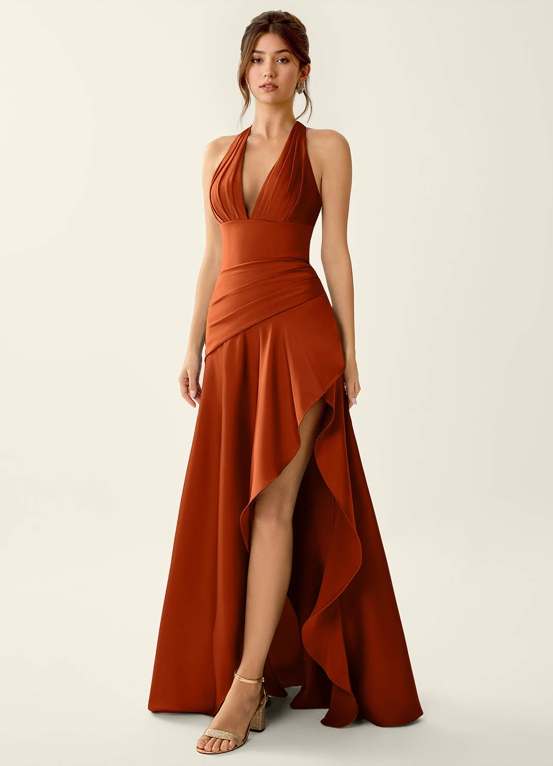 Titania Halter Asymmetric-Ruffle Satin Evening Dress in Pastel Yellow
