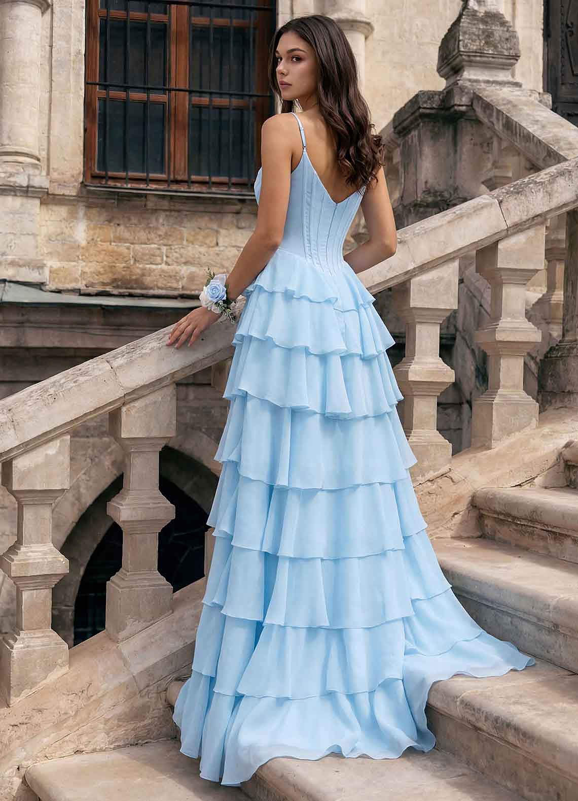 Floralace A-Line Ruffle Chiffon Evening Dress in Sky Blue