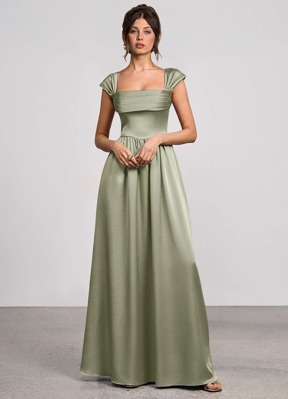 Odette A-Line Corset Luminous Satin Evening Dress in Dusty Sage