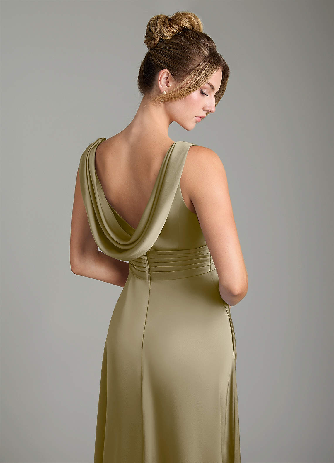 Karina A-Line V-Neck Stretch Satin Bridesmaid Dress in Moss Green