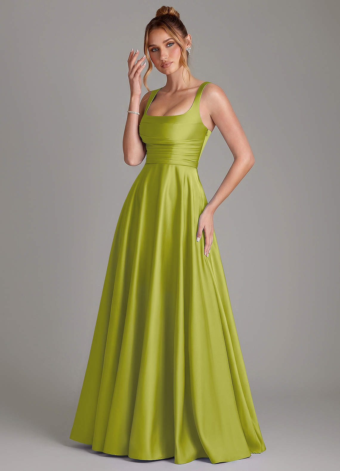 Azaria A-Line Square-Neck Stretch Satin Bridesmaid Dress in Lemongrass