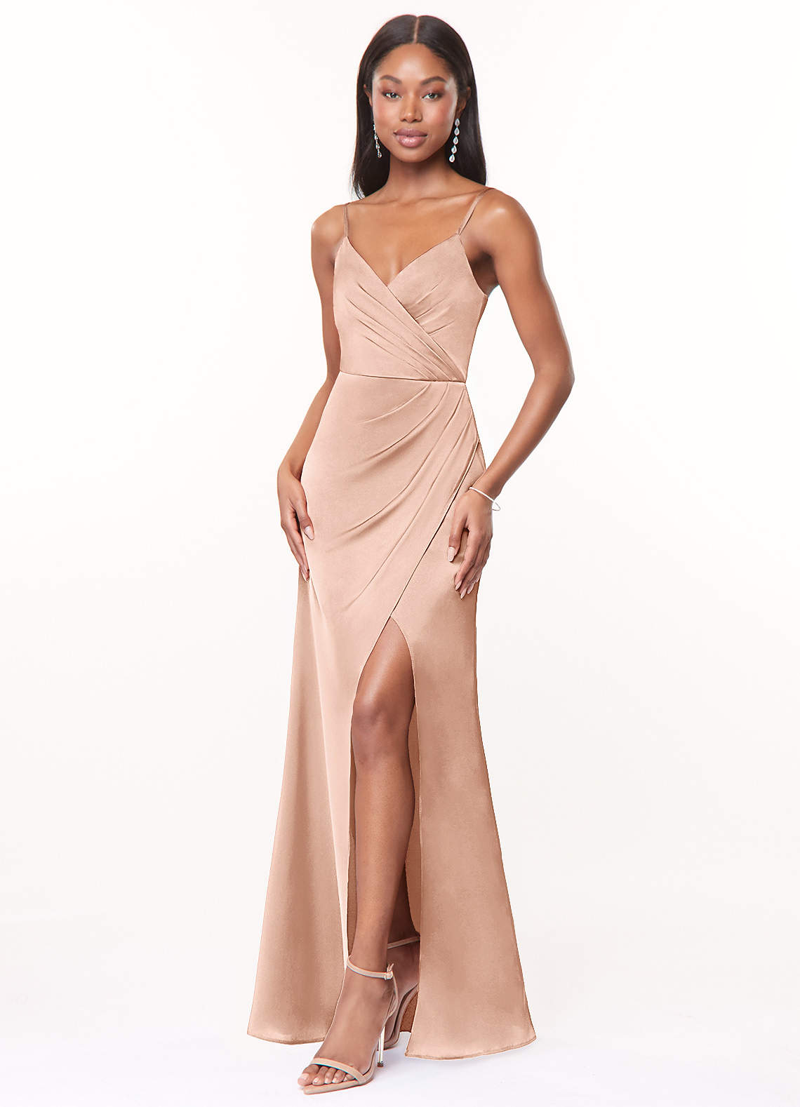 Maci A-Line V-Neck Stretch Satin Bridesmaid Dress in rose gold