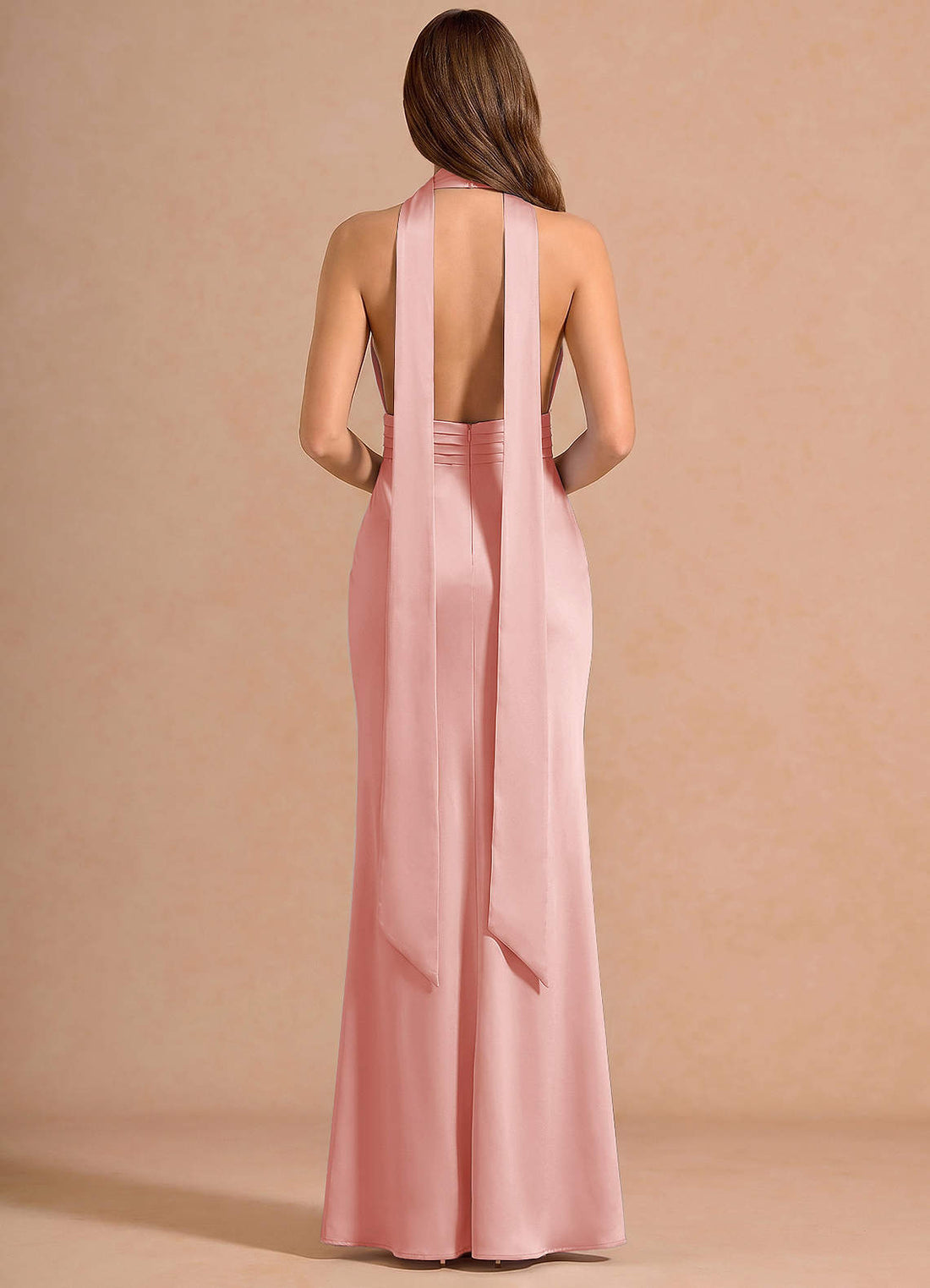 Linnea A-Line V-Neck Stretch Satin Evening Dress in Haze Pink