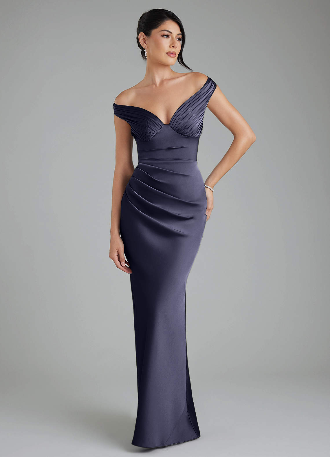 Stella Sheath V-Neck Stretch Satin Bridesmaid Dress in Stormy