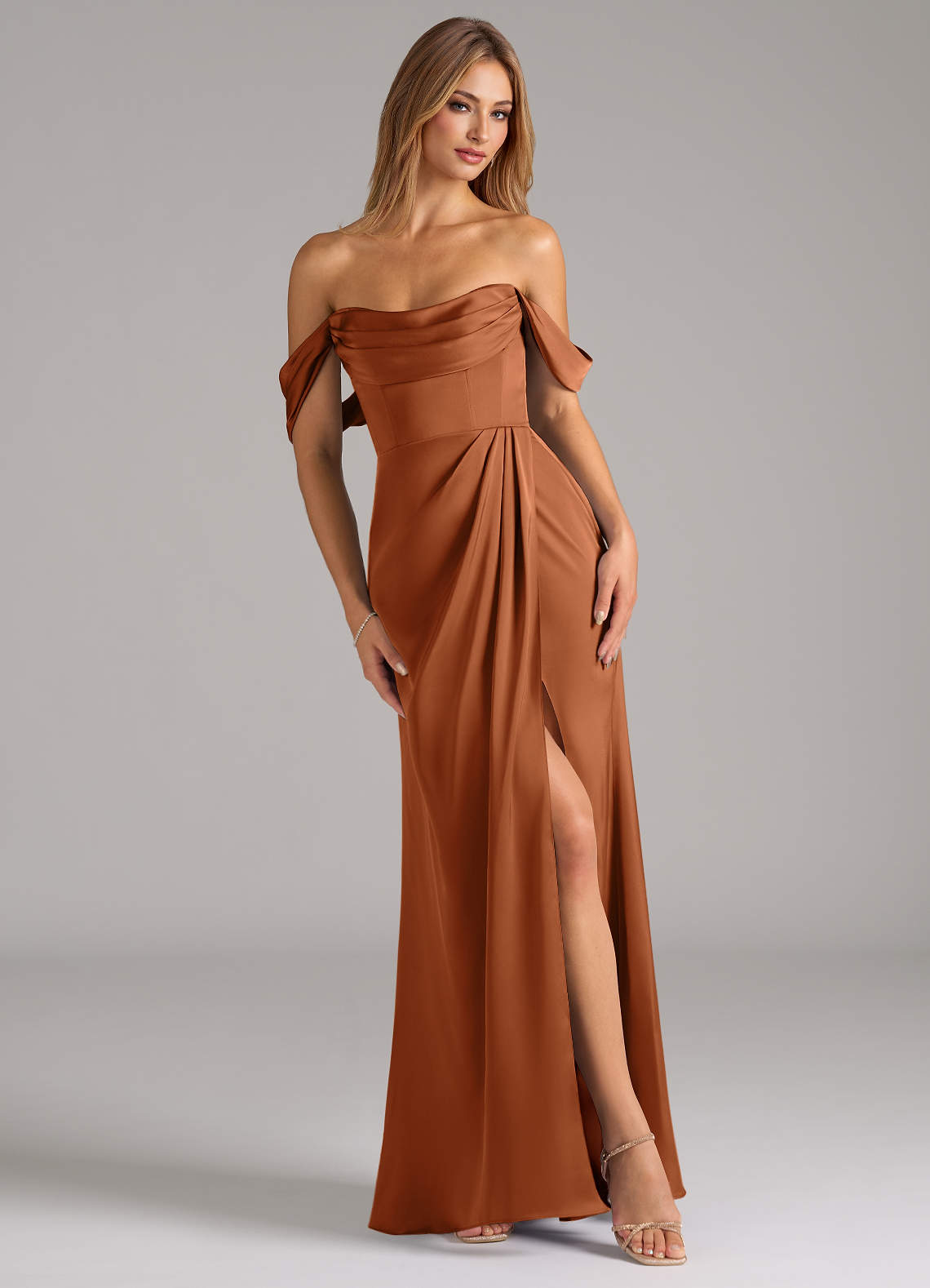 Johana Mermaid Off-the-Shoulder Stretch Satin Bridesmaid Dress in Copper