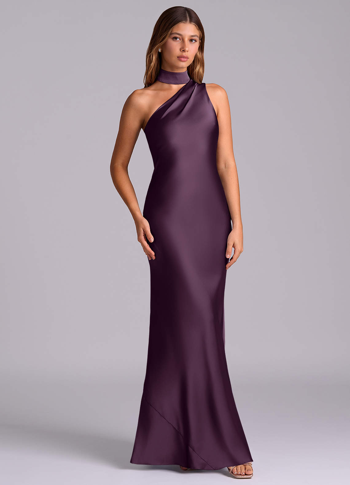 Seona Mermaid One-Shoulder Stretch Satin and Tulle Bridesmaid Dress in Plum