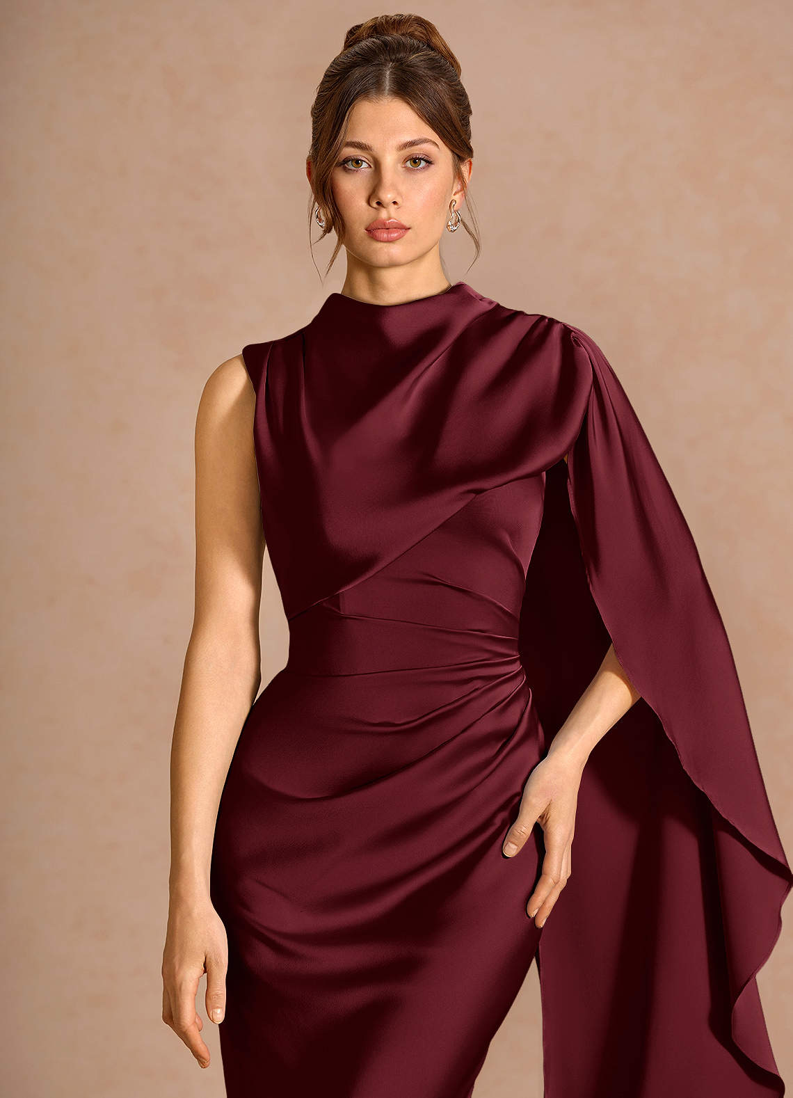 Chesney Cape-Sleeve Pleated Stretch Satin Wedding Guest Dress in Wine