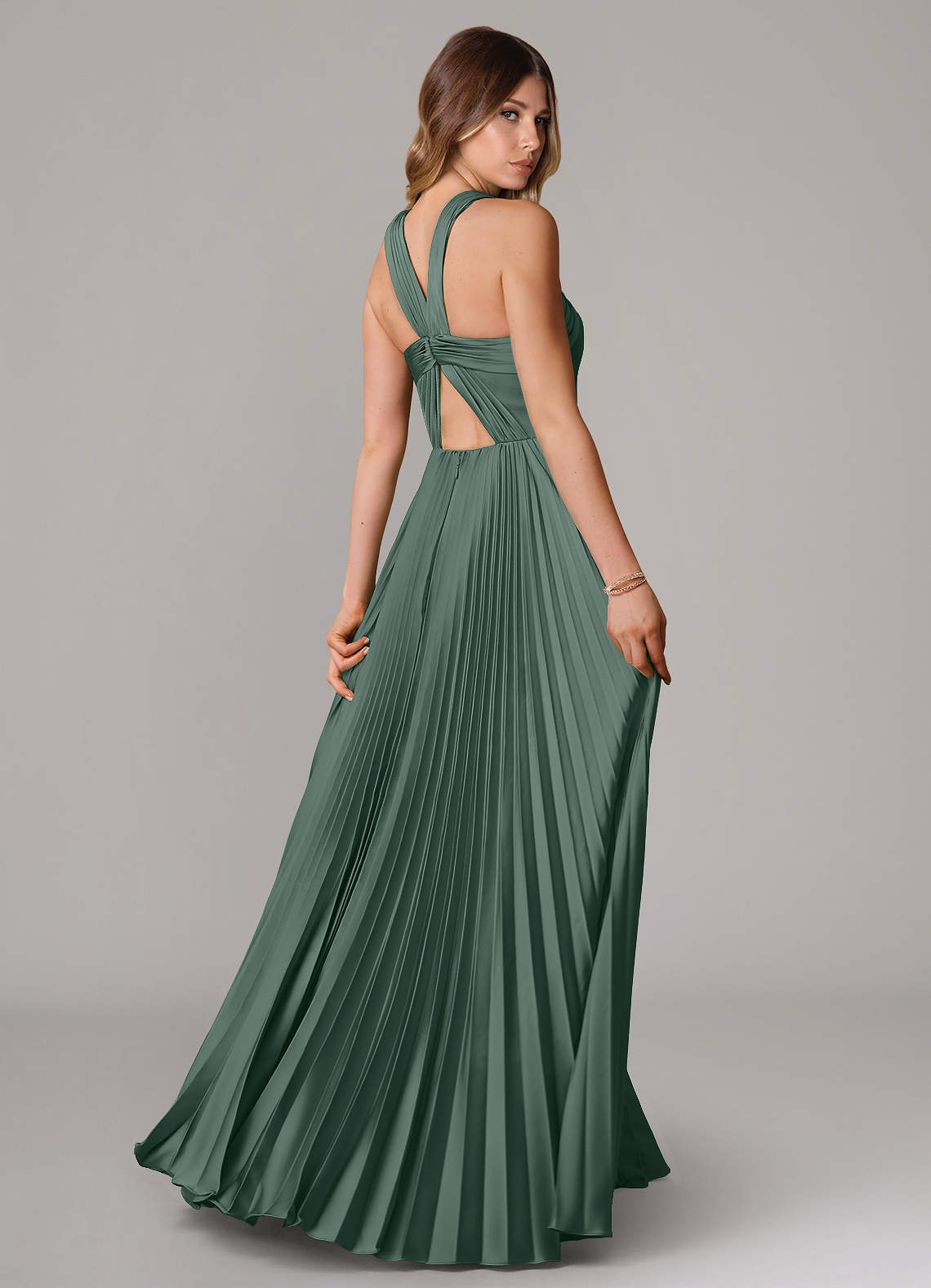 Afra A-Line Halter-Neck Stretch Satin Bridesmaid Dress in Sea Moss