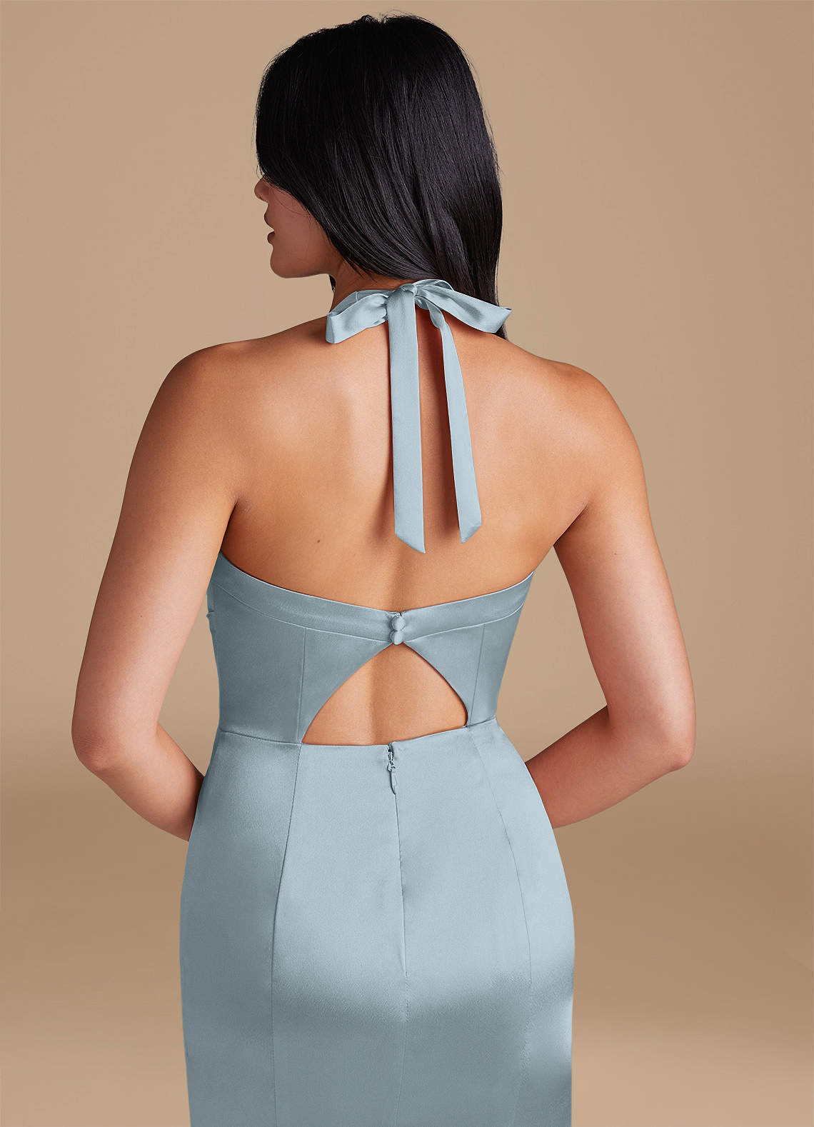 Emeria Sheath Halter Metallic Satin Bridesmaid Dress in dusty blue