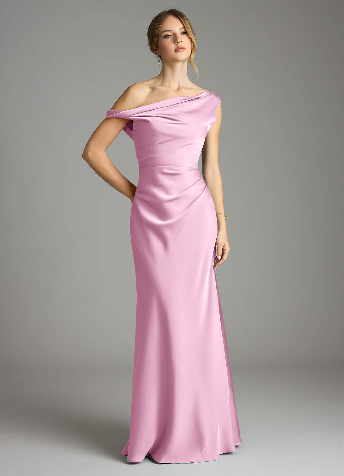 Emerson Mermaid One-Shoulder Stretch Satin Bridesmaid Dress in candy pink